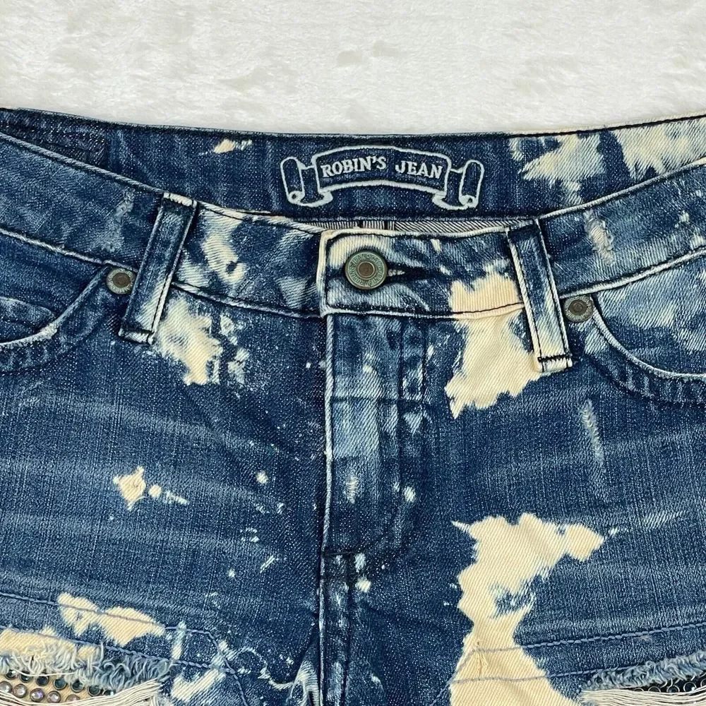 Robins Jean Shorts Womens Size 30 Blue Distressed Gypsy Jeweled Raw Hem Cut Off - Picture 2 of 15